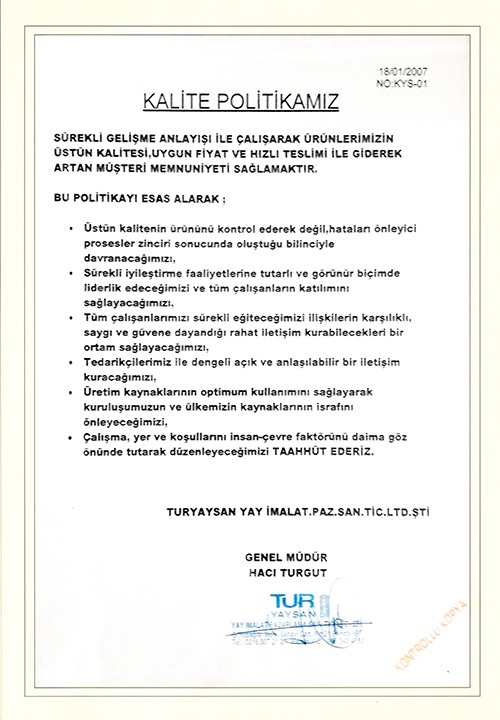 Turyaysan Kalite Politikası