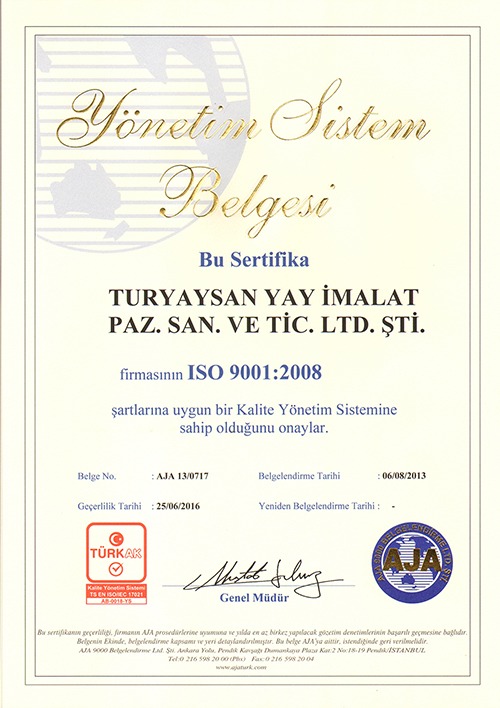 ISO 9001:2008 Yönetim Sistem Belgesi